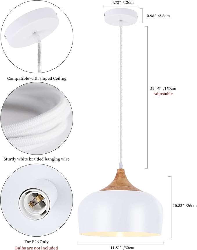Modern Large Pendant Lights,Wooden Dome Pendant Light Fixture,Adjustable Hanging Pendant Lighting,ChandelierLamp for Kitchen Island,Dining Room,Hallway,Bedroom(White)