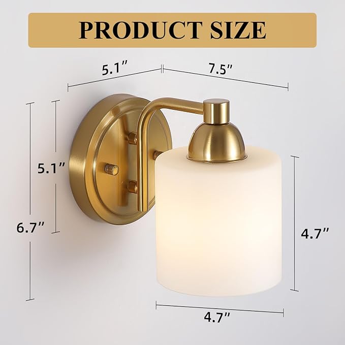 Mecgirn Gold Milk Glass Wall Sconces, 1 Pack Hardwired Indoor Wall Light Fixtures for Living Room, Hallway, Bedroom, Ceramic E26 Sockets (Bulbs Not Included)