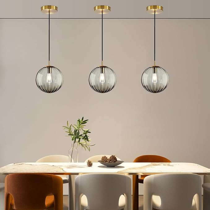 Modern Smoke Grey Glass Pendant Light, Kitchen Island Lighting 3-Pack Globe Pendant Light Fixtures Century Kitchen Island Pendant Lighting for Bedroom Living Dining Room Light Fixture (Without Bulb)