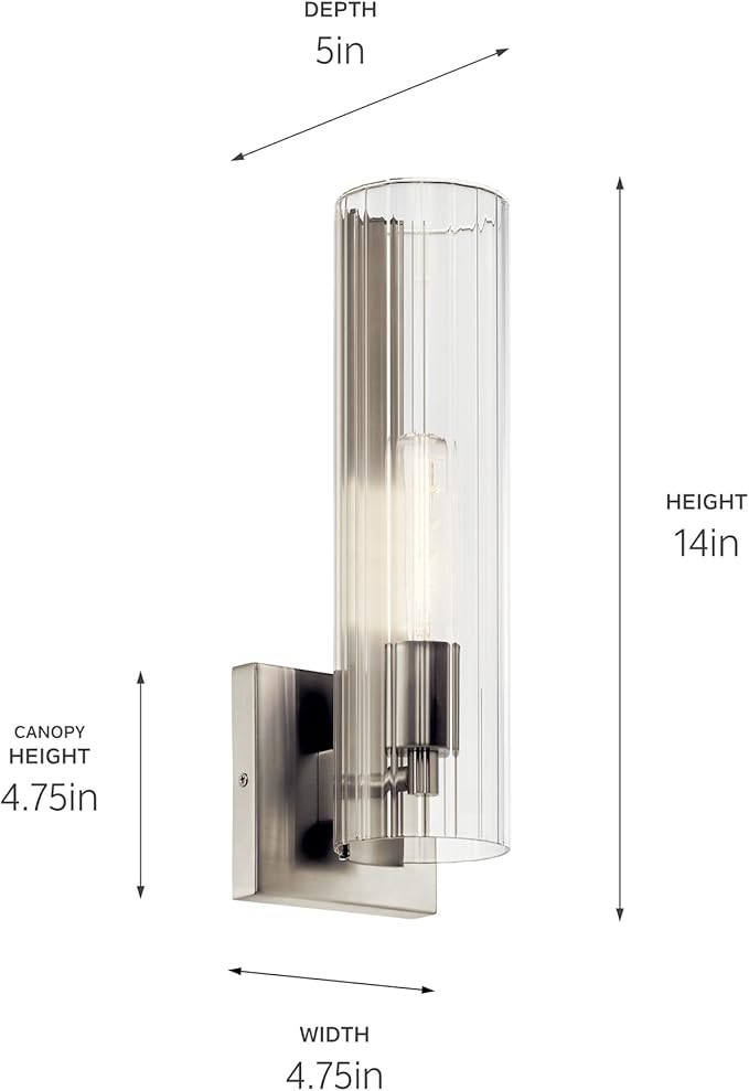 Kichler Jemsa 1 Light Wall Sconce, Modern Light with Clear Fluted Glass in Brushed Nickel for Bathroom, Powder Room, Sides of Fireplace, Down a Hallway, Kitchen, or Bedroom (14" x 4.75"), 55165NI