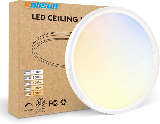VOLISUN 5CCT LED Flush Mount Ceiling Light, 7 inch Dimmable Ultra-Thin LED Ceiling Light Fixture, 3000K-6500K Selectable, 15W LED Ceiling Lights for Bedroom, Kitchen, Closet and Hallway (1Pack, White)