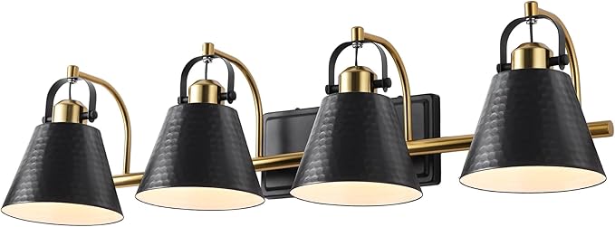 PAZALA Black and Gold Vanity Light, 4-Lights Farmhouse Vanity Light, Bathroom Light Fixtures Over Mirror, 24inch Modern Bathroom Wall lamp for Bath Mirror Living Room Cabinet Bedroom