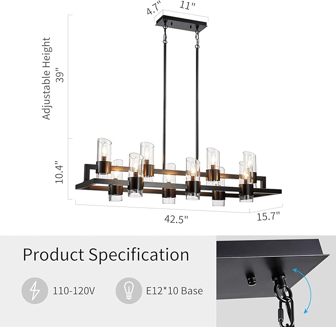 WUZUPS Island Rectangle Chandelier 10-Light with Clear Glass Industrial Modern Farmhouse Linear Light Fixture for Dining Room Kithen Island, Width 42.5" Height 10.4", Black