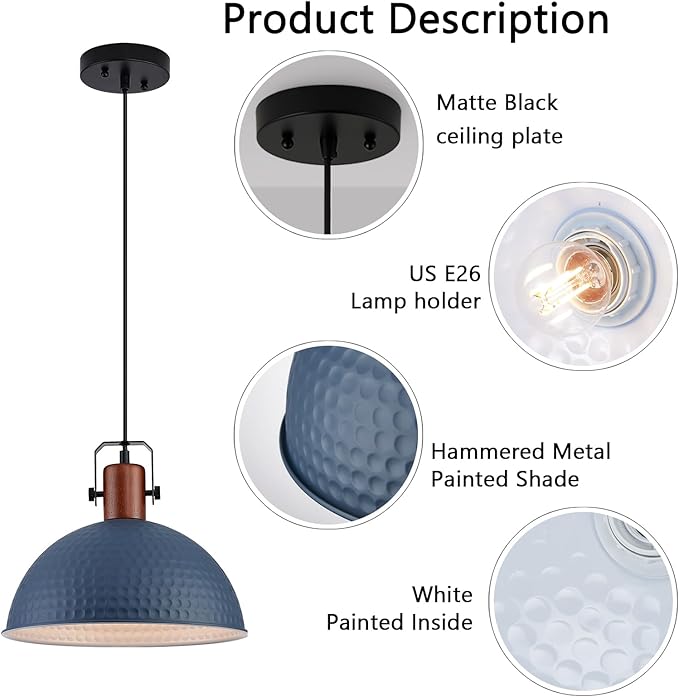 12 Inch Blue Pendant Lights Hammered Matte Pendant Lights for Kitchen Island Industrial Farmhouse Adjustable Height Dome Hanging Light Fixtures for Barn, Dining Room 3 Packs