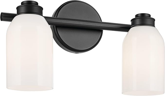Kichler Shae 15" 2-Light Bathroom Vanity Light Fixture with Cased Opal Glass in Black, Modern Coastal Style for Mirror, Powder Room, Bathroom Lighting (15" W x 9" H), 55201BK