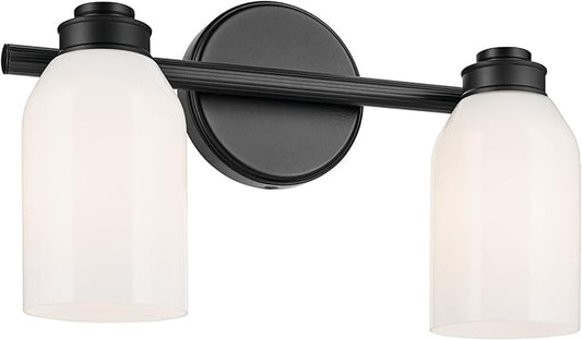 Kichler Shae 15" 2-Light Bathroom Vanity Light Fixture with Cased Opal Glass in Black, Modern Coastal Style for Mirror, Powder Room, Bathroom Lighting (15" W x 9" H), 55201BK
