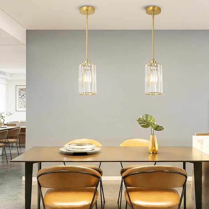 3 Pack Gold Pendant Lights Kitchen Island, Modern Pendant Lighting with Clear Crystal Shade, Vintage Brass Chandelier Light Fixtures Ceiling Hanging for Dining Room Bedroom Foyer Hallway