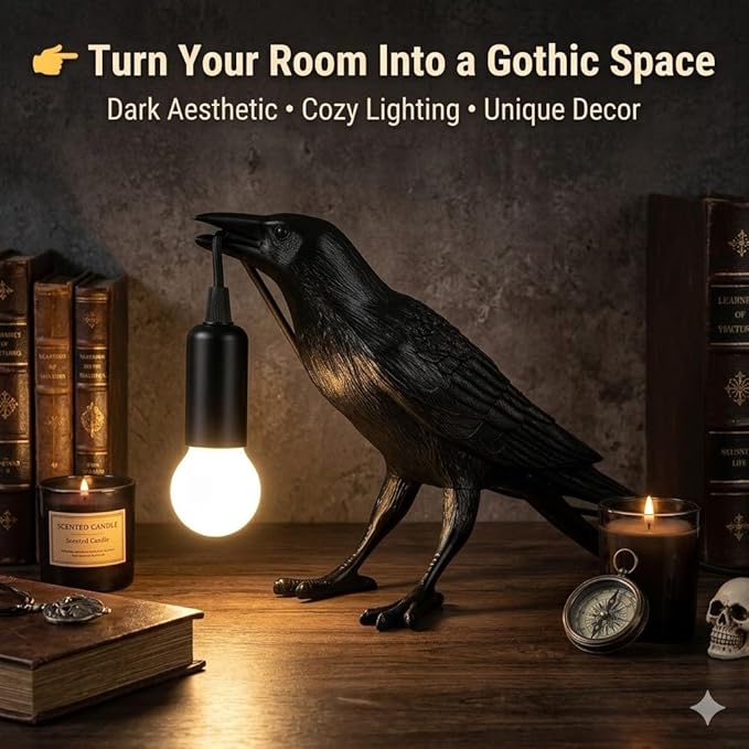 Shandaglo Raven Lamp Gothic Decor, Black Crow Table Lamp with LED Bulb, Unique Dark Aesthetic Night Light for Bedroom Desk, Halloween Home Decoration Gift