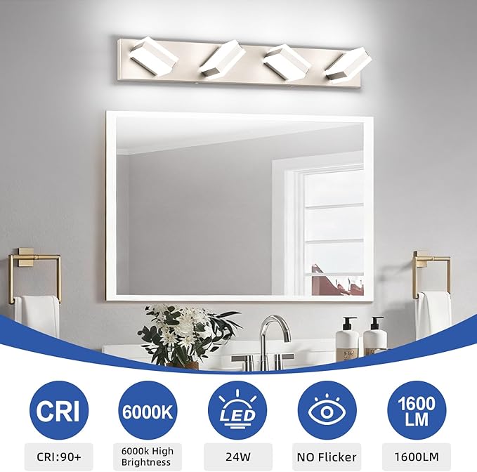SOLFART Bathroom Vanity Lights Brushed Nickel LED Lighting, LED Bathroom Light for Bath, 4 Light Vanity Lighting Above Mirror Cool Light 6000K