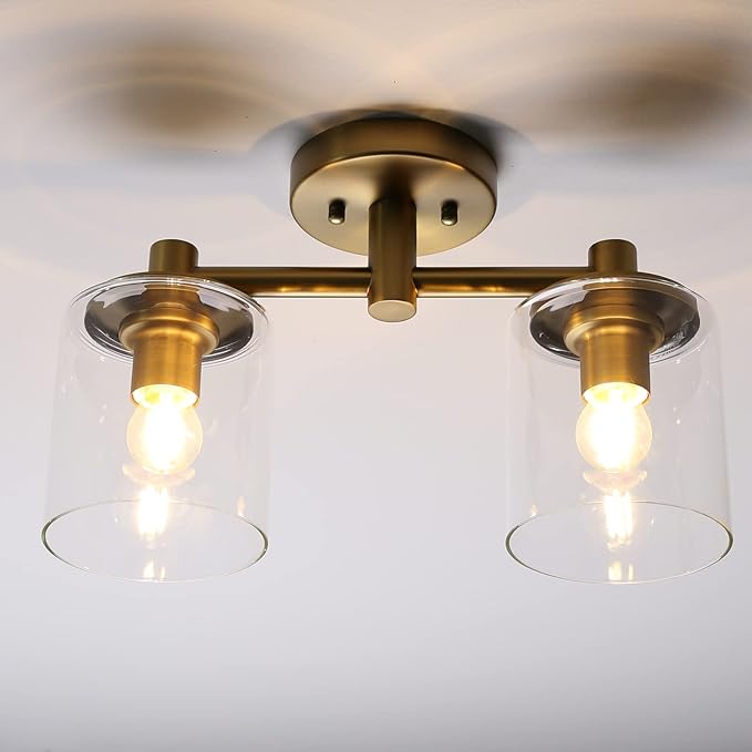 Pathson 2-Light Semi Flush Mount Ceiling Light, Industrial Pendant Lighting Fixture with Glass Shade, Ceiling Chandelier Lamp for Hallway Loft Kitchen Bar