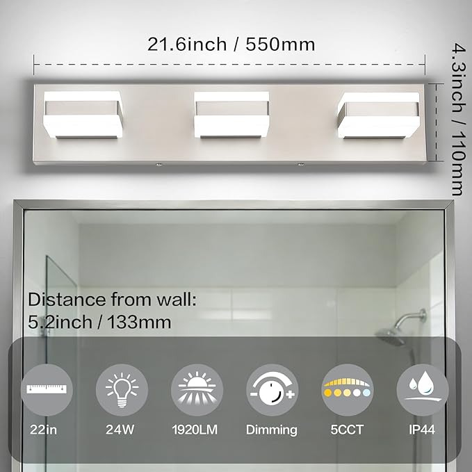 SOLFART Bathroom Light, 5 Color Temperature LED Bathroom Vanity Fixtures, Brushed Nickel 3 Lights Vanity Light Over Mirror Modern LED Light Adjustable Color 5CCT