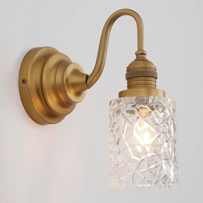 Vintage Wall Sconce Brass Gold Bathroom Vanity Light with Clear Ripple Glass Shade Indoor Hardwire Wall Mounted Lamp Light for Bathroom Mirror Living Room Bedroom Kitchen