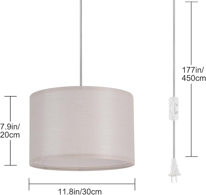 2 Pack Plug in Pendant Light, Hanging Light with 15Ft Clear Cord, On/Off Switch, Beige Yellow Fabric Lamp Shade, Hanging Light Fixture for Bedroom, Kitchen