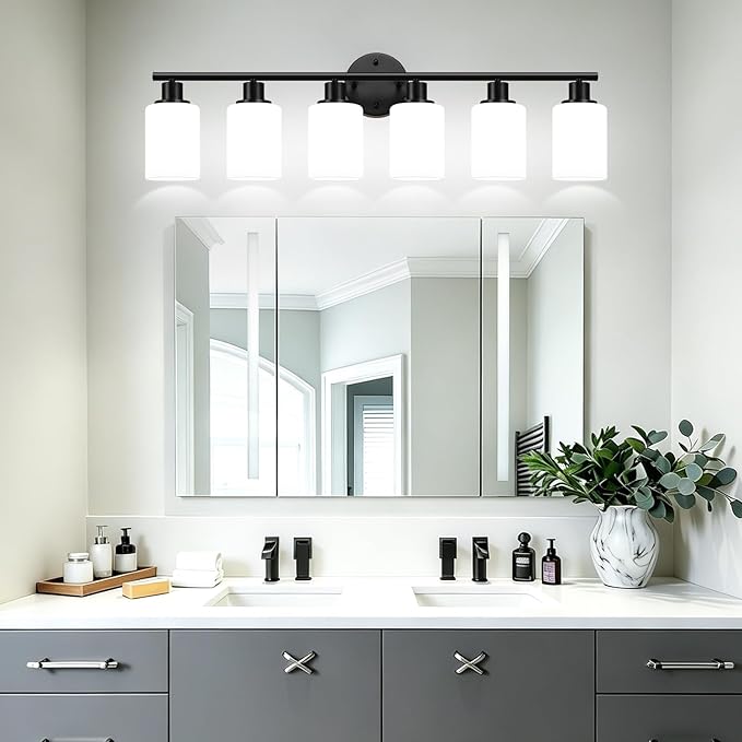 Zarbitta 6-Light Bathroom Light Fixtures, Black Modern Vanity Lights with Milky White Frosted Glass Shades, Bathroom Wall Lamp, for Mirror, Living Room, Kitchen, Hallway, Cabinet, Porch