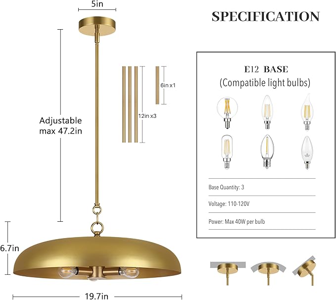 19.7 Inch Extra Large Pendant Light, 3-Light Brushed Gold All Metal Pendant Lighting Fixture, Oversized Modern Dome Chandelier Ceiling Hanging for Kitchen Island Dining Room Living Entryway
