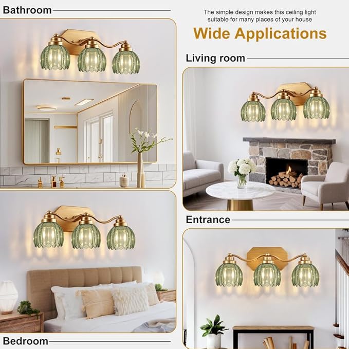 VbiTmn Gold Bathroom Light Fixtures, 3 Light Vintage Vanity Lights, Antique Brass Brushed Gold Finish, Crystal Green Glass Shade, Mid Century Wall Sconces for Bedroom, Living Room, Hallway