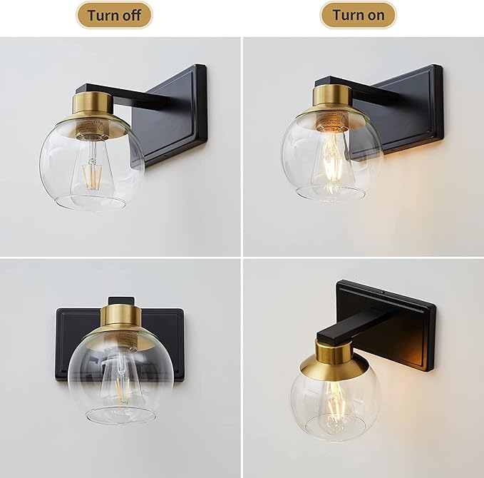 Bathroom Sconces Set of 2, Black and Gold Wall Sconces Set of Two, Bathroom Vanity Light with Clear Glass Shade, Modern Wall Light Fixtures for Bath Mirror Hallway Bedroom Living Room, Hardwired