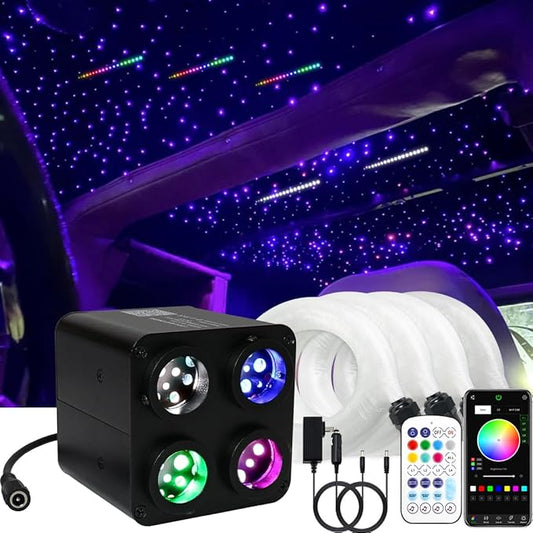 AMKI Updated 4Color Meteor Twinkle 36w Starlight Headliner Kits 1080pcs 0.03in 13.1ft, 240pcs RGB Meteor Shooting Star Cable, 2 in 1 Fiber Optic Light Box RGBW Sound Activated Mode for Car& Home Decor