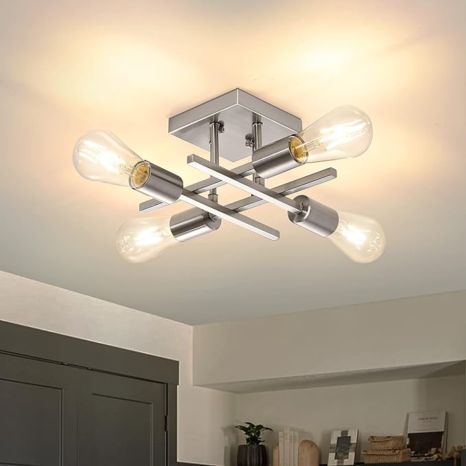 Industrial 4-Light Semi Flush Mount Ceiling Light Fixture, Modern Brushed Nickel Chandelier Lighting, Farmhouse E26 Base Sputnik Ceiling Lamp for Kitchen Bedroom Living Room Hallway