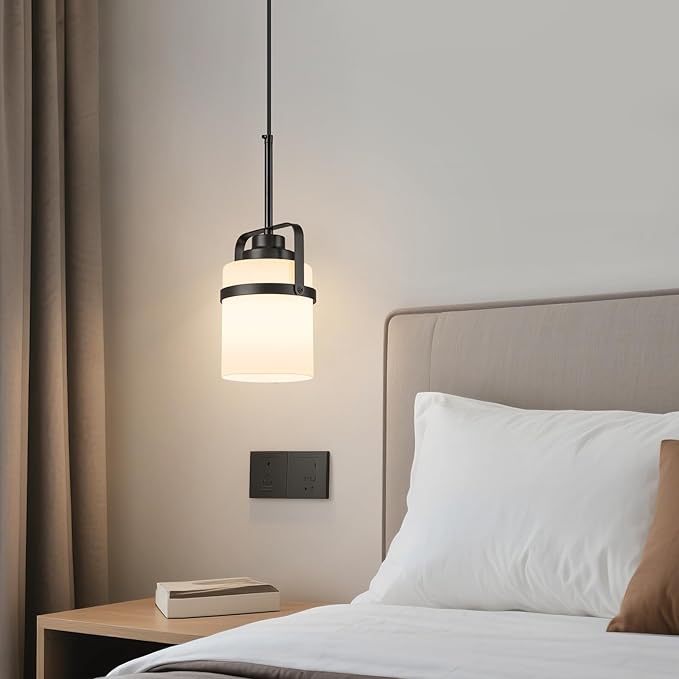 Modern Black Pendant Lights Kitchen Island Light, Adjustable Hanging Light Fixture with Milk Glass Shade, Farmhouse Pendant Light for Dining Room Bar Over Sink/Table/Counter, 1 Pack