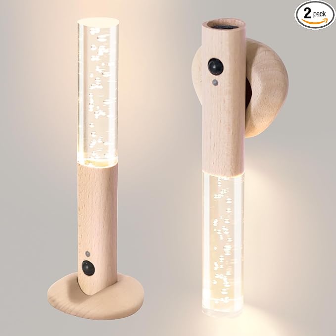 Motion Sensor Night Lights Indoor, Rechargeable Night Lights Wall Sconces Wooden Set of 2, Battery Powered Magnetic Wall Sconces Decor for Bedroom, Hallway, Bathroom, Stairway, Closet