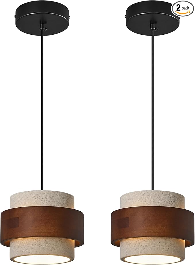 Modern Cement Pendant Light Fixture,Concrete Pendant Lights with Wood Accent,Vintage Farmhouse Chandelier for Kitchen Island Dining Room Living Room Bedroom Restaurant Cafe(White 2-Pack)
