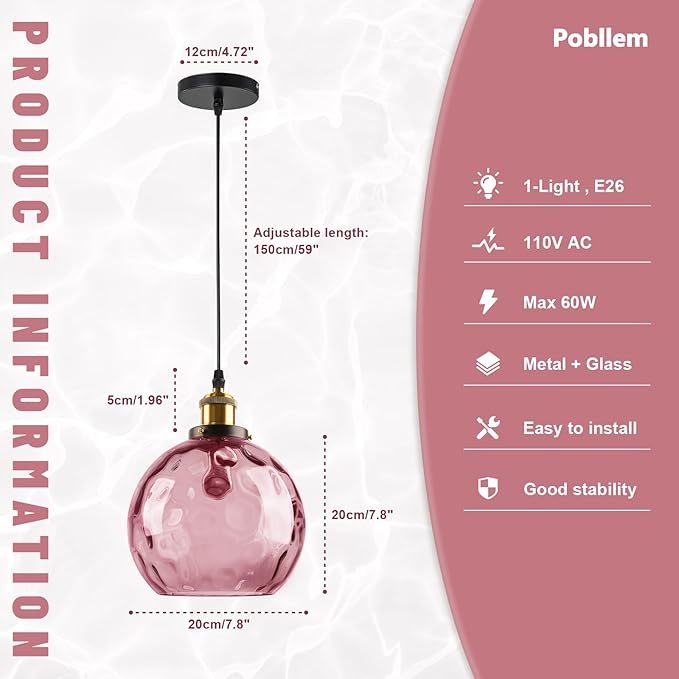Pink Pendant Light Glass Globe Pendant Lights Kitchen Island Light Fixtures Ceiling Hanging with Hammered Glass Pendant Chandelier Lighting for Dining Room Living Room Girls Bedroom