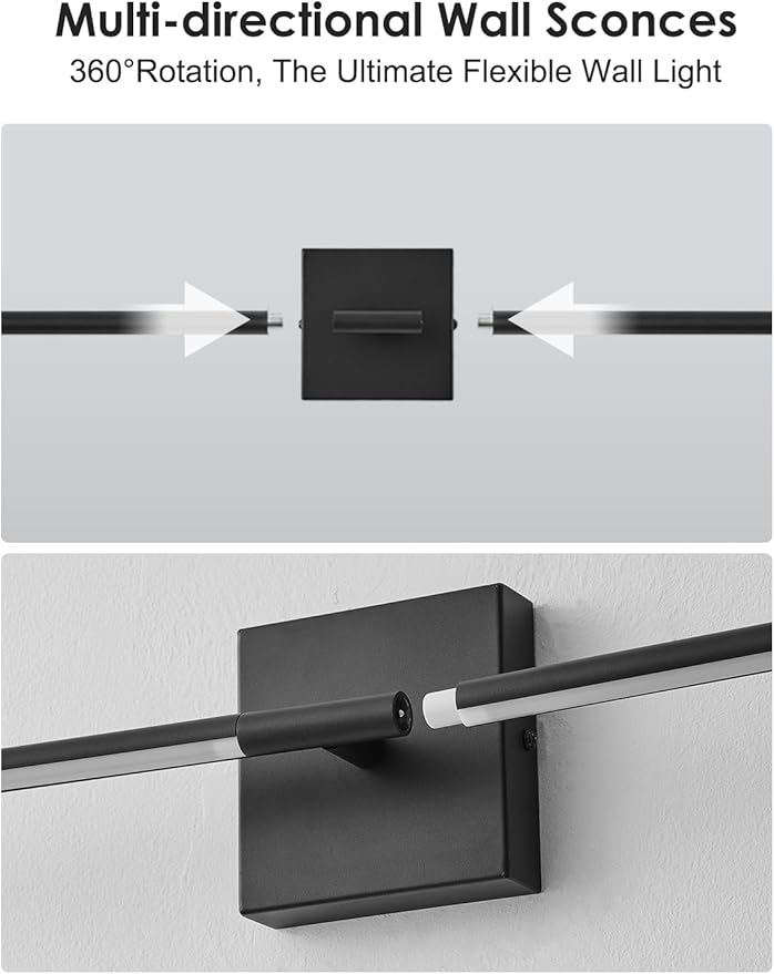 KARTOOSH 27.8 Inch Hardwired Wall Sconces Set of Two, 3000K Warm White Dimmable Modern Wall Sconces, 350° Rotate LED Light Fixtures Wall Lamp for Bathroom Living Room Bedroom Bedside, Black