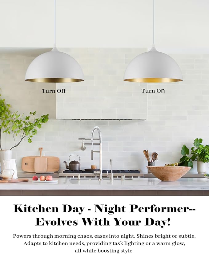 White Pendant Lights Kitchen Island 2 Pack, 14 Inch Large Dome Pendant Light, White and Gold Farmhouse Pendant Light, Island Pendant Lights for Kitchen, Dining Room