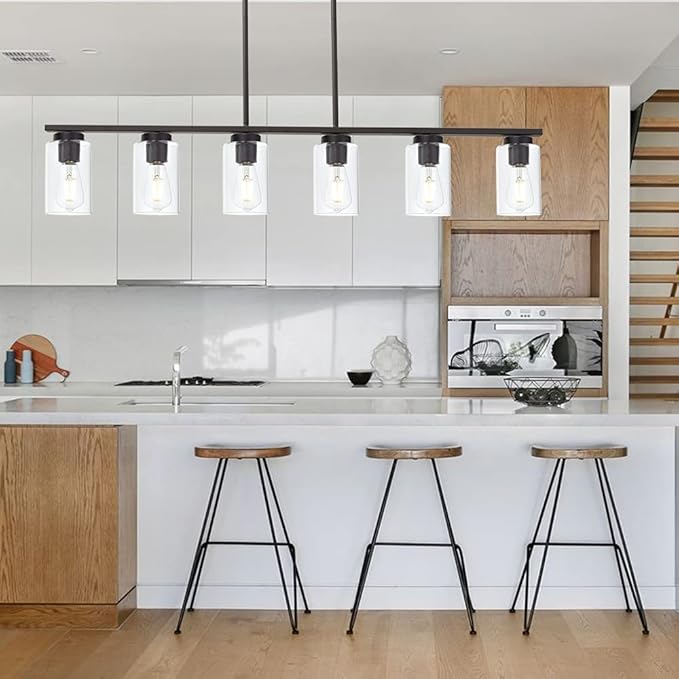 TODOLUZ 6-Light Kitchen Island Lighting Fixtures, Clear Glass Farmhouse Pendant Lights Hanging Chandelier in Oil Rubbed Bronze for Dining Room Table Cafe Bar