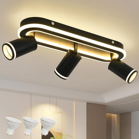 LED 3 Light Track Lighting Spotlight Kit, Black Ceiling Spotlights, Modern Track Light Fixture with Flexibly Rotatable Light Heads, 35W+15W Dual Lighting for Kitchen Living Room,Includes 3 x GU10 Bulb