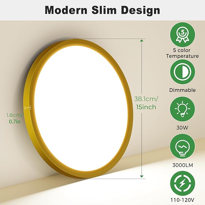 zemty 2Pack 15" LED Flush Mount Ceiling Light, 30W Dimmable 5CCT (3000K–6500K) Gold Round Fixture | Bright Low-Profile Lighting for Bedroom, Kitchen, Hallway, Living Room