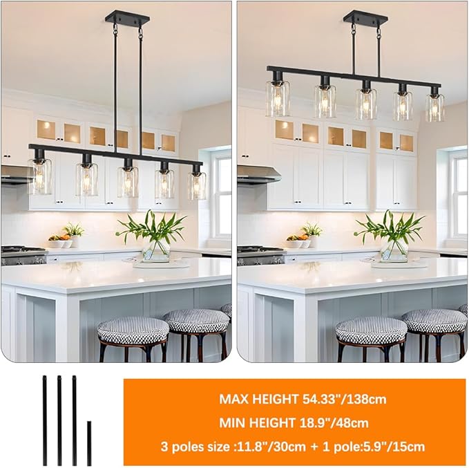 5-Light Kitchen Island Light, Black Dining Room Light Fixture Over Table, Farmhouse Linear Pendant Lights Kitchen Island with Glass Shade, Chandeliers for Pool Table, Sink, Bar, Height Adjustable