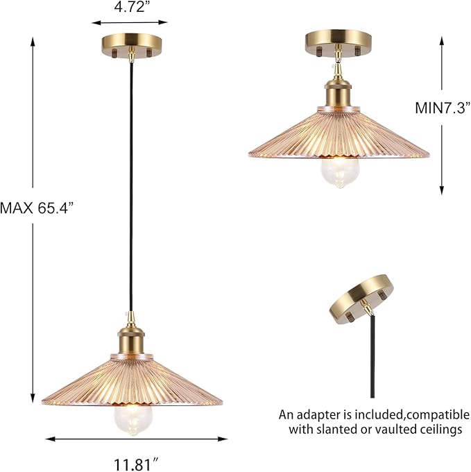 Modern Large Pendant Light 11.81 Inches Amber Striped Glass Shades Brushed Brass Gold Hanging Lamp Farmhouse Adjustable Ceiling Hanging Lights Kitchen Island Dining Room Bedroom
