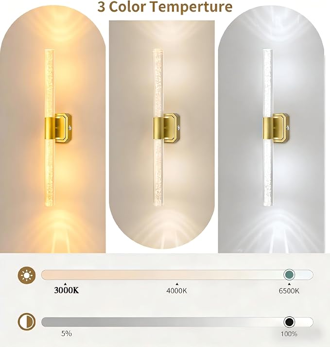HISTAR Battery Operated Wall Sconce, 10000mah Rechargeable Gold Crystal Wall Sconce, 3 Colors 360° Rotate Wireless Wall Scone Decor for Bathroom Bedside Hallway Picture, 20.5 Inch