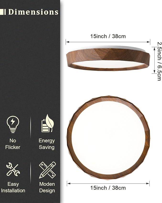 ANYLOVE 15 inch LED Flush Mount Ceiling Light Fixture,3000K 4000K 5000K Adjustable Ceiling Lights, Farmhouse Oak Wood Grain Ceiling Light for Bedroom Hallway Bathroom Kitchen