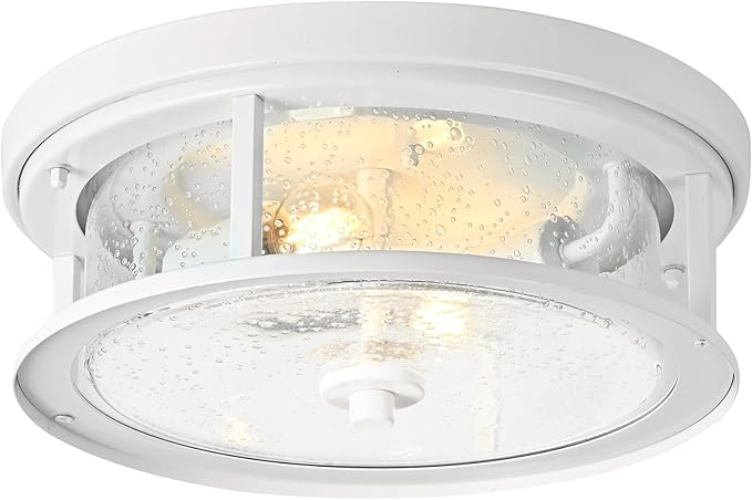 White Flush Mount Ceiling Light Fixture, 2-Light with Seeded Glass White Ceiling Light Fixture for Bedroom, Indoor Outdoor Ceiling Lights for Porch Hallway Kitchen