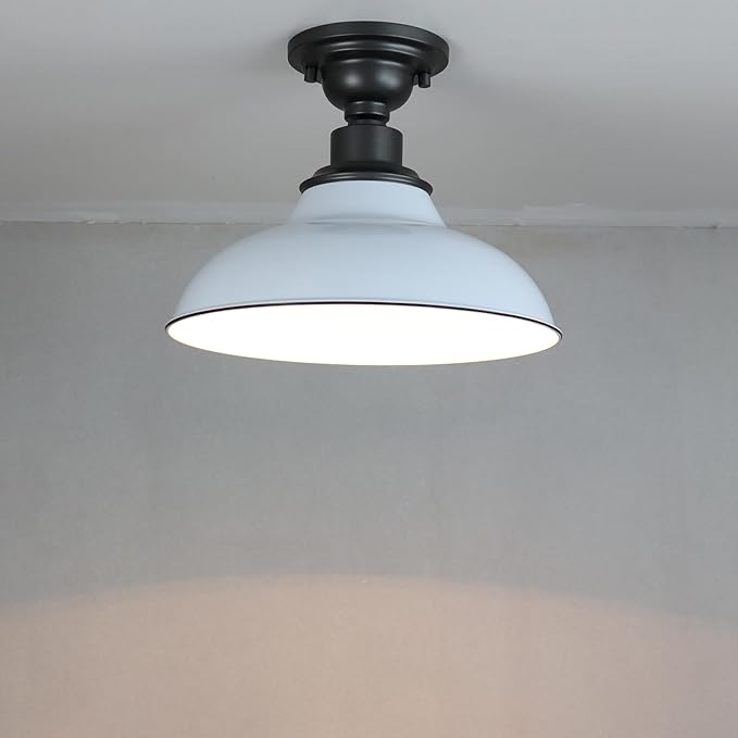 SAMTEEN Farmhouse Semi Flush Mount Ceiling Light 12-Inch Barn Style Ceiling Light Fixture Industrial White Flush Mount Light for Hallway Bedroom Entryway Foyer Kitchen