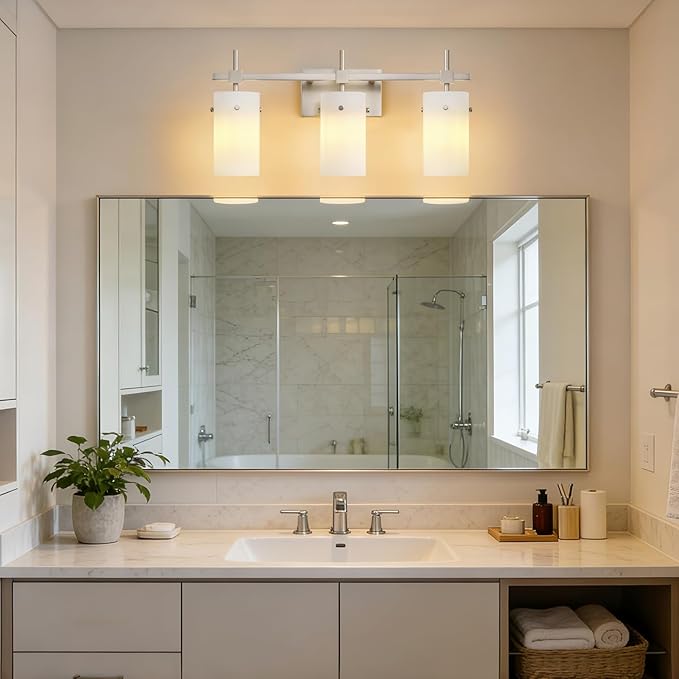 SOLFART Brushed Nickel Bathroom Light Fixtures, 3-Light Modern Vanity Light Over Mirror, Wall Sconces with Milky White Frosted Glass Shades, E26 Socket (Bulbs Not Included)