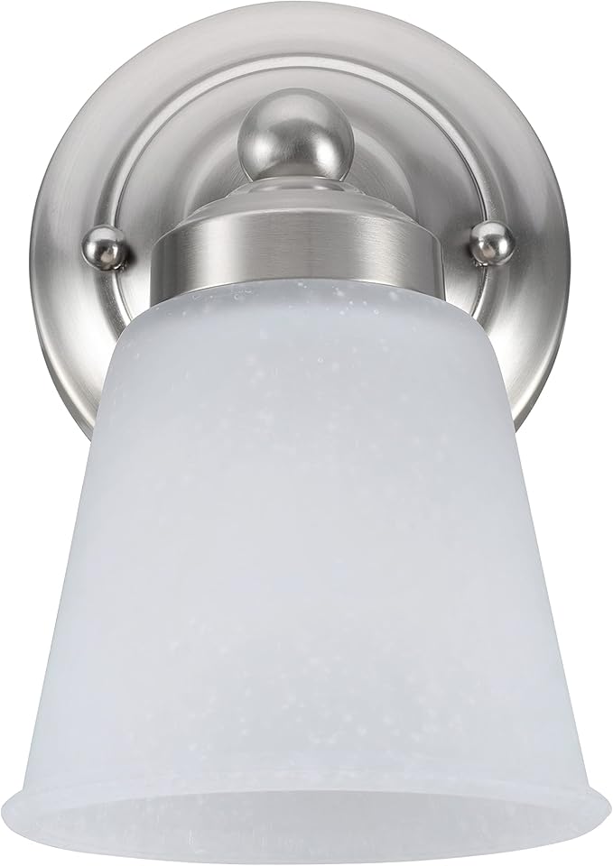 Aspen Creative 62012-1, One-Light Metal Bathroom Vanity Wall Light Fixture, 5" Wide, Transitional Design in Satin Nickel with Frosted Seeded Glass Shade