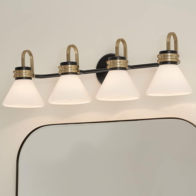Kichler Farum 34" 4-Light Bathroom Vanity Light Fixture with Opal Glass in Black, Modern Over Mirror Lighting for Single or Double Vanity, Powder Room (34" W x 9.5" H), 55156BK