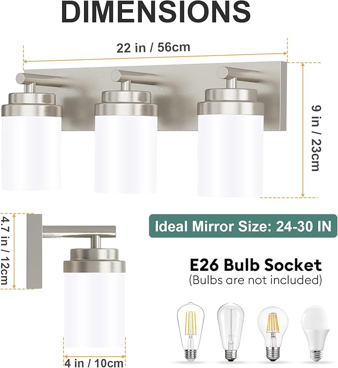 IZORRO Bathroom Vanity Light Fixture, 3-Light 22 Inch Brushed Nickel Bathroom Light Fixtures Over Mirror, with White Glass Shade, Modern Farmhouse Vanity Lights, Rustic Restroom Lighting Fixtures