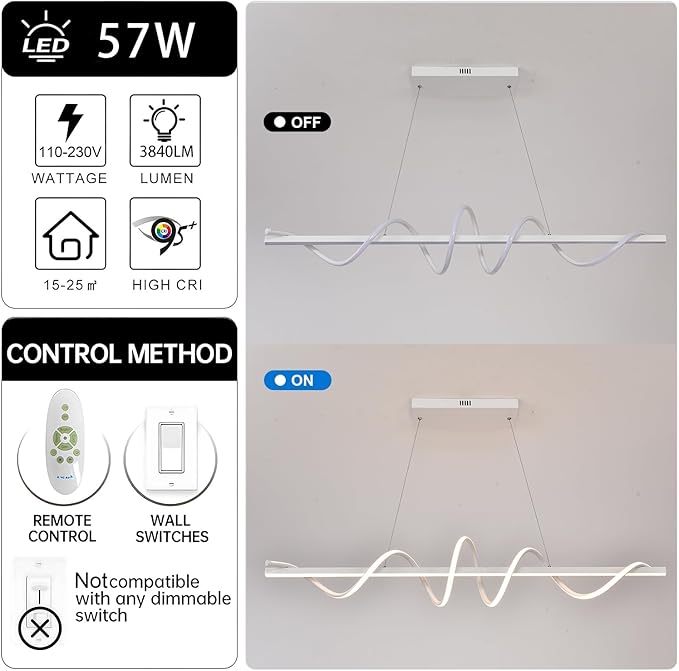 Led Chandeliers for Dining Room,Modern Led Pendant Light Fixture, Dimmable Adjustable Height Music Note Shape Hanging Lamp with Remote Control White Iron Ceiling Light Fixture for Kitchen Island