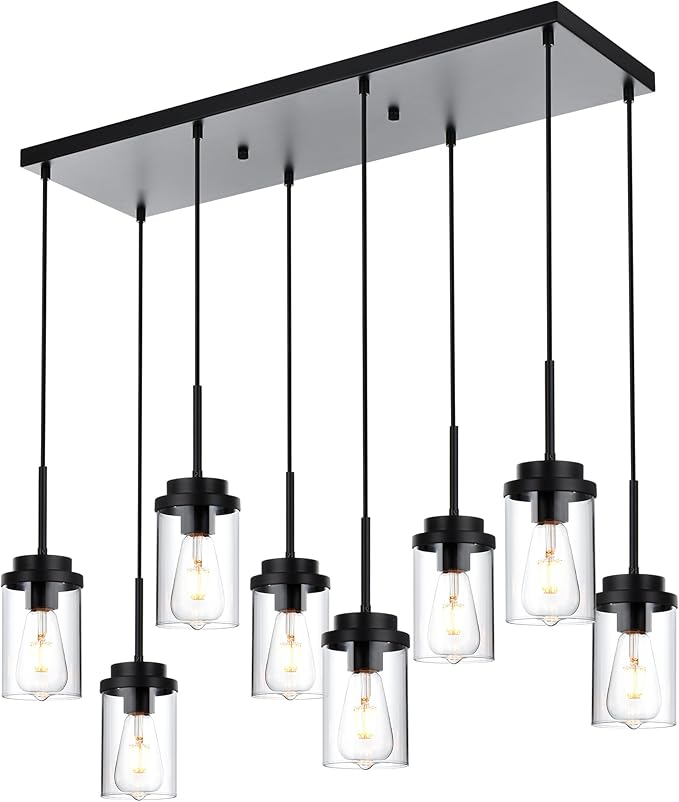 MELUCEE 8 Lights Linear Chandelier Lighting Black Island Light for Kitchen, 31.5 Inches Cluster Pendant Light Fixtures Hanging Foyer Lighting Dining Room Lights with Clear Glass Shade