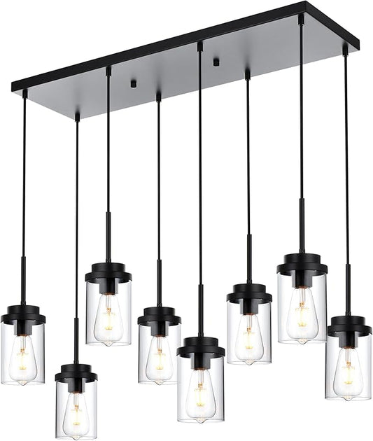 MELUCEE 8 Lights Linear Chandelier Lighting Black Island Light for Kitchen, 31.5 Inches Cluster Pendant Light Fixtures Hanging Foyer Lighting Dining Room Lights with Clear Glass Shade
