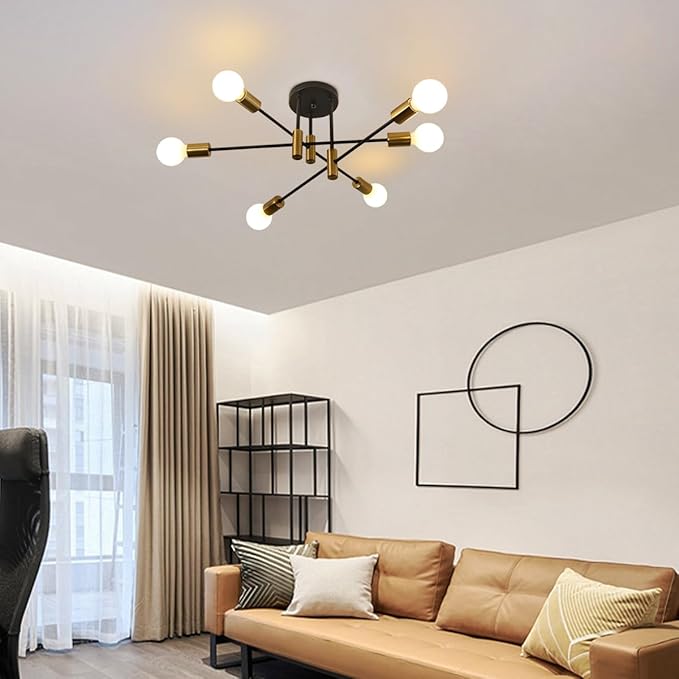 Garwarm Ceiling Light Fixture, 6-Lights Black and Gold Mid Century Semi Flush Mount Ceiling Light,Modern Sputnik Chandelier for Kitchen Dining Room Bedroom Entryway Hallway