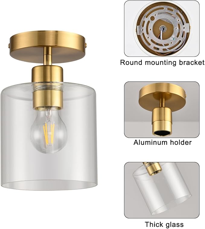 Brass Semi Flush Mount Ceiling Light,Gold Modern Fixture for Closet Hallway Entryway Light Fixture Ceiling Brass Finish 2 Pack