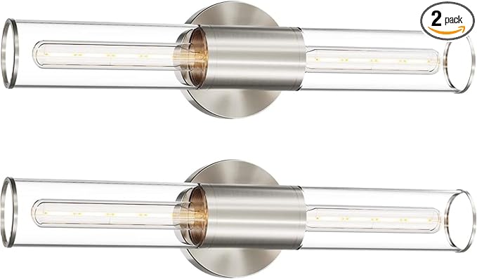 Bathroom Vanity Light Fixture, 2-Light Brushed Nickel Wall Sconce Lighting Fixture with Clear Glass, Indoor E26 Socket Silver Wall Lamp for Mirror Living Room Hallway, 2 Pack