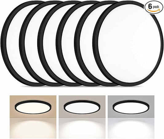 6 Pack LED Flush Mount Ceiling Light, 24W Ultra Thin Round White Lamp 3000K/4000K/6500K 3 Color Temperatures Adjusted 12 Inch Modern Ceiling Lights, Black