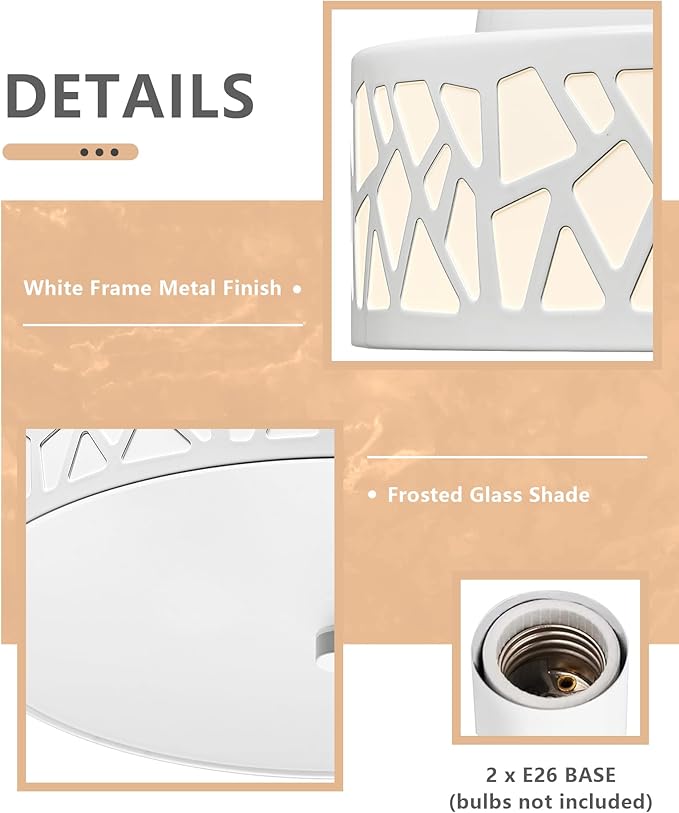 2-Light Flush Mount Ceiling Light, 12 inch Modern Ceiling Light Fixture with White Metal and Frosted Glass Shade for Hallway, Kitchen, Bedroom